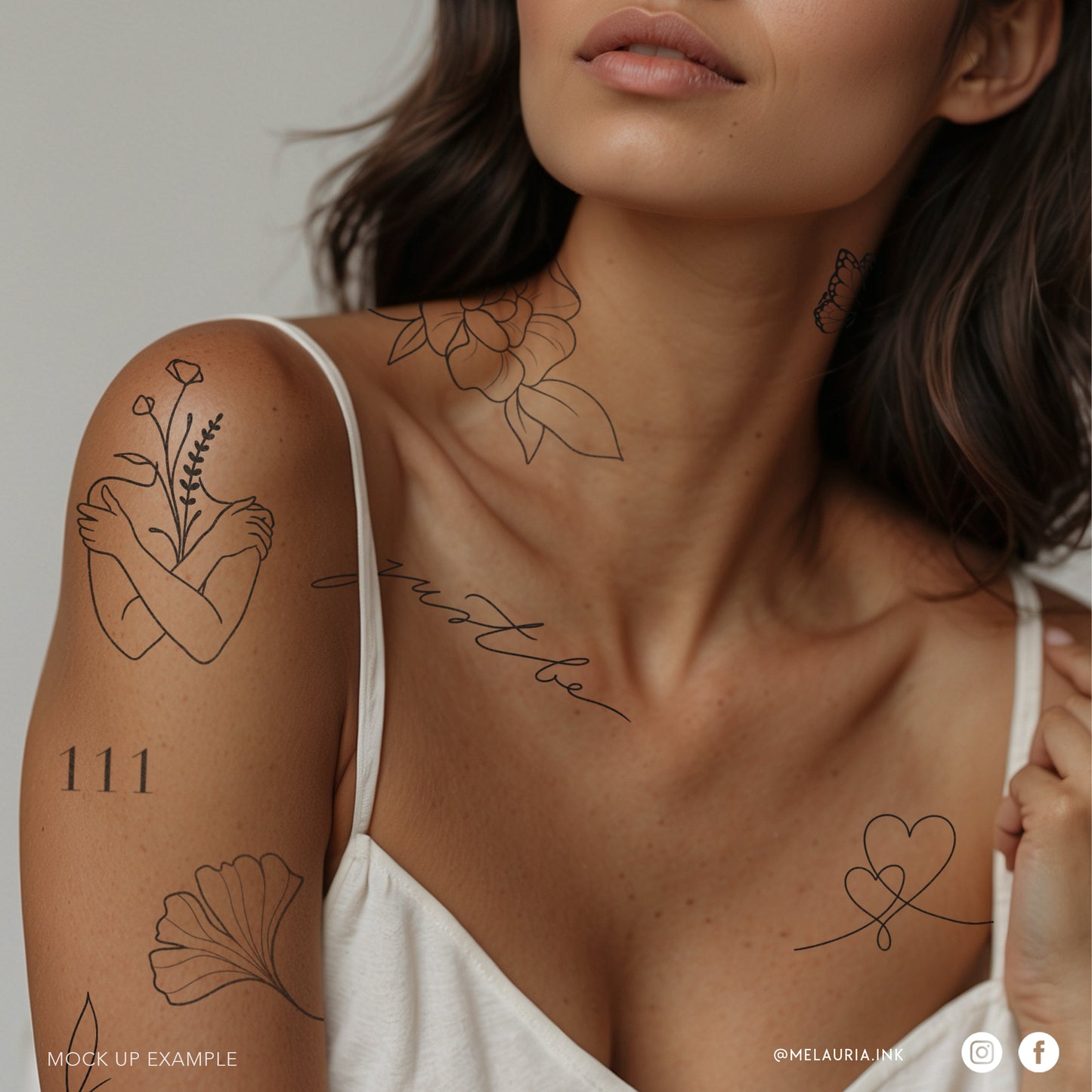 Tattoo artist workspace featuring iPad with Tiny Flash Tattoo Favorites Procreate brushes mock-up on woman.