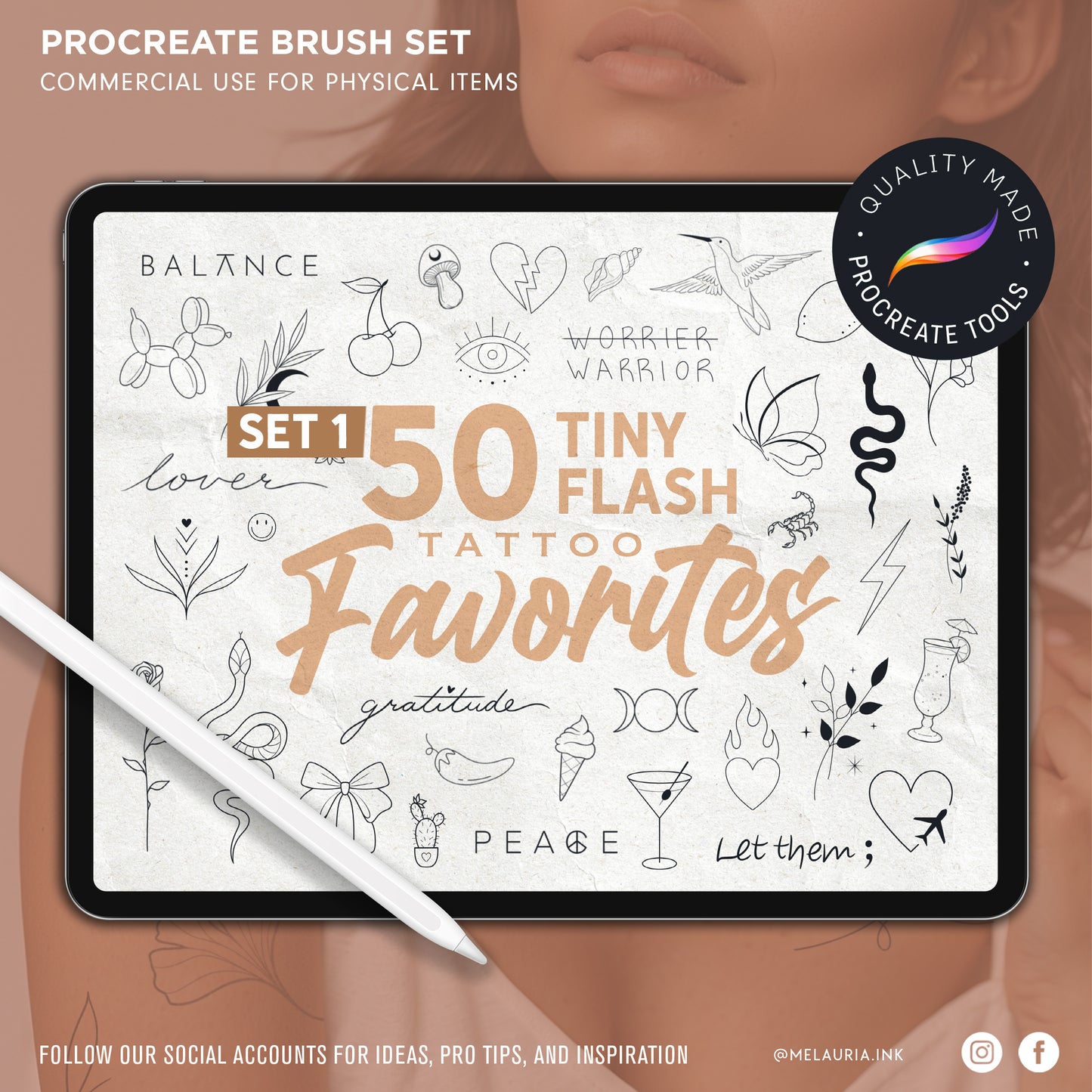 Procreate brush set featuring 50 tiny flash tattoo favorites displayed on an iPad screen, minimalist black line art on textured paper background.