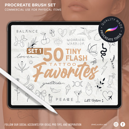 Procreate brush set featuring 50 tiny flash tattoo favorites displayed on an iPad screen, minimalist black line art on textured paper background.