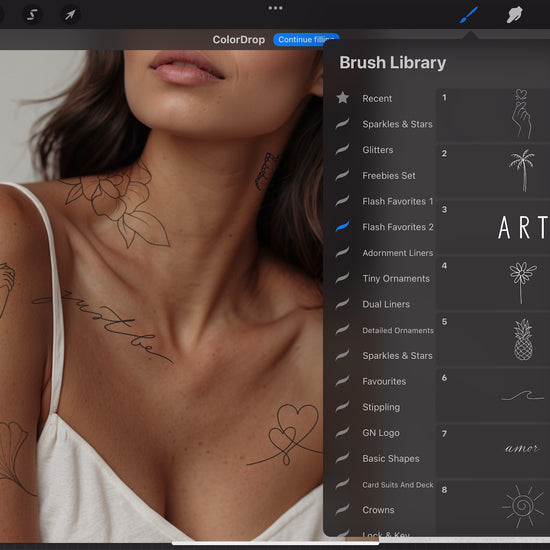 Demonstration of 50 Tiny Flash Tattoo Favorites Procreate brushes in use for tattoo flash design.