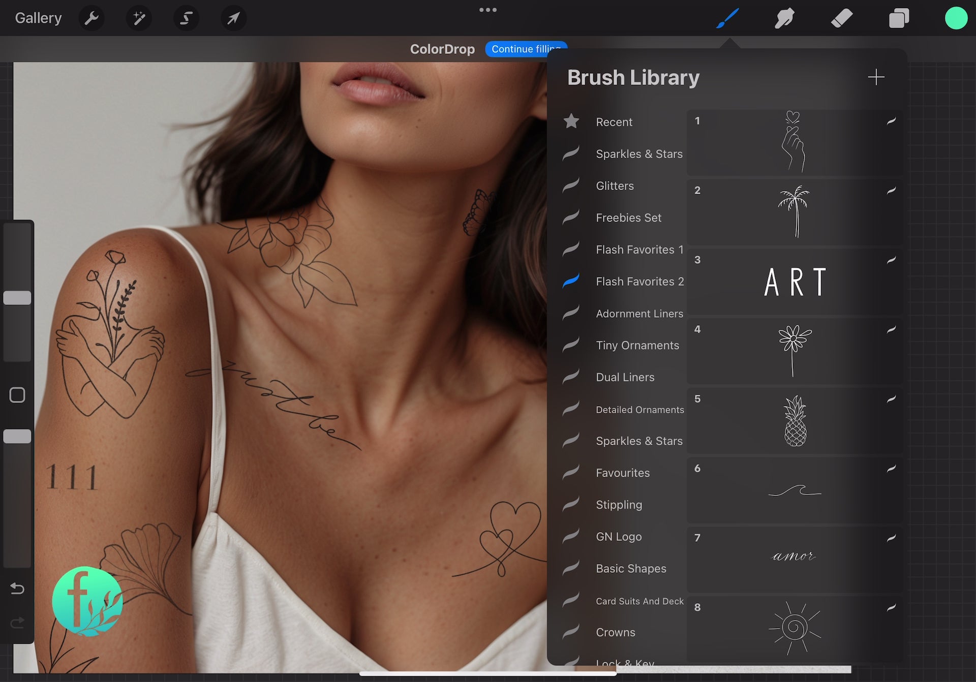 Demonstration of 50 Tiny Flash Tattoo Favorites Procreate brushes in use for tattoo flash design.